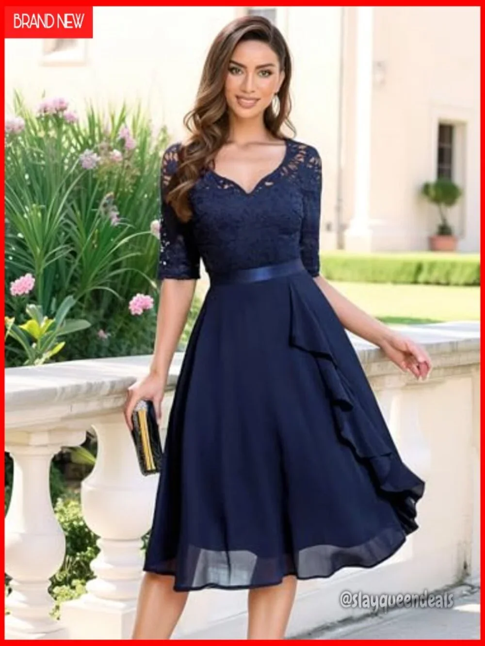 V-Neck Floral Lace Half Sleeve Bridesmaid Party Dress